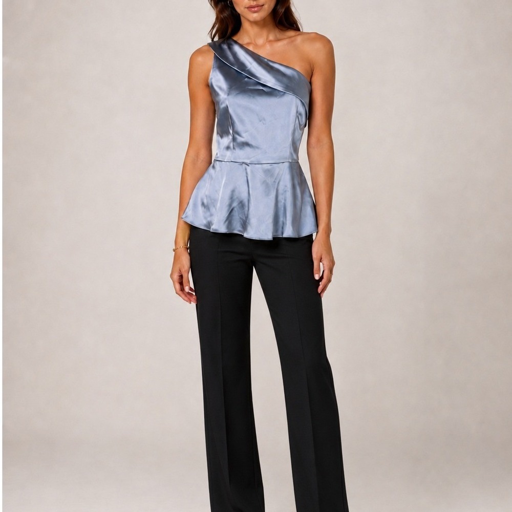 Antonio Melani Satin Peplum Blouse Sz M Silver One Shoulder Formal Party Evening